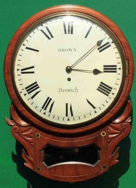 BROWN-OF-NORWICH-ANTIQUE-ENGLISH-8-DAY-FUSEE-MAHOGANY-12-DROP-DIAL-WALL-CLOCK-283638186649